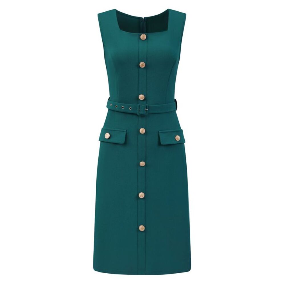 Women Sleeveless Office Square Neck Button Work Dress Peacock Blue